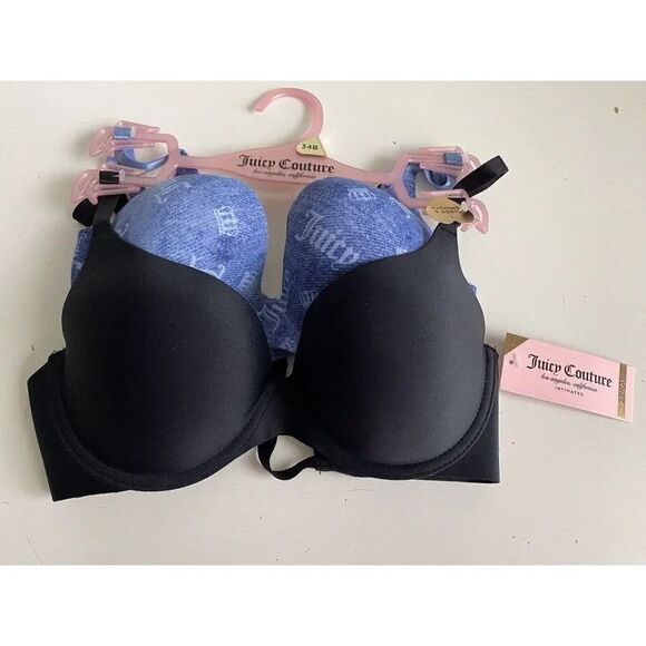 2 Pack Juicy Couture Sleek & Smooth Bra Sz 34B Lined Logo Denim Black NEW - Picture 1 of 10